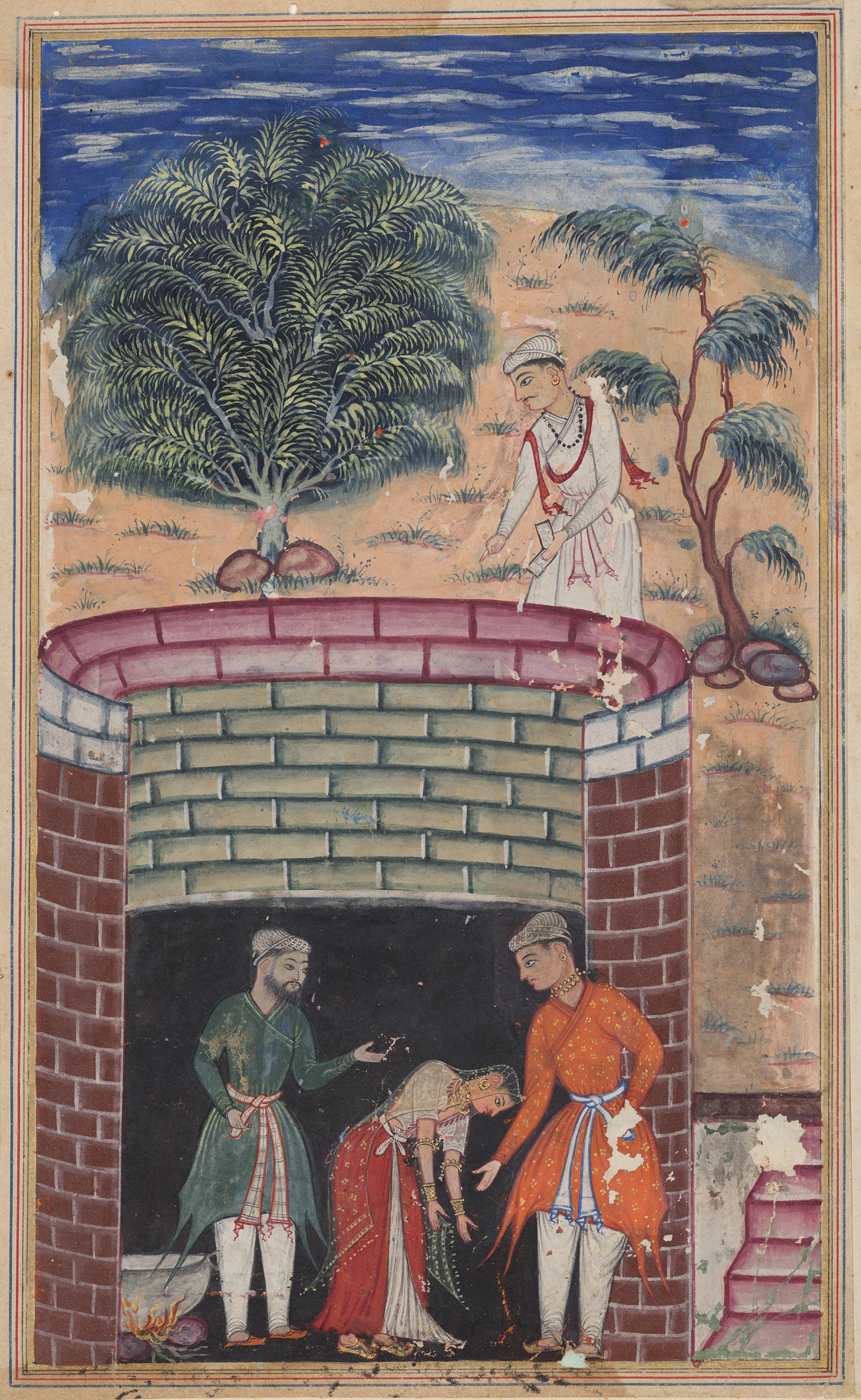 The daughter of the king of the jinns bows before the King of Kings who has just undergone the ordeal of passing through the boiling oil to emerge as a youth, from a Tuti-nama (Tales of a Parrot): Seventh Night