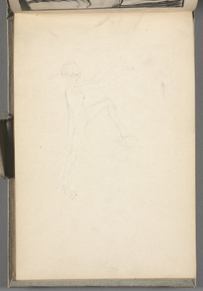 Sketchbook No. 5, page 25: Very pale pencil drawing of woman with raised leg and arms