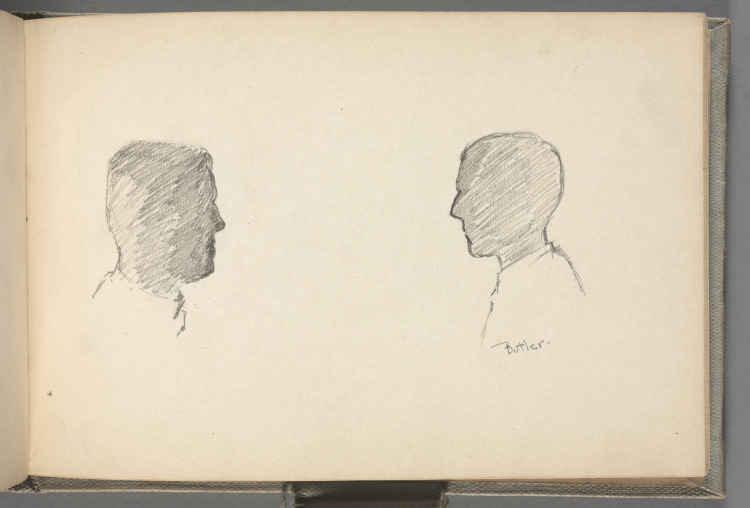 Sketchbook No. 5, page 29: Pencil drawing of two male busts facing each other