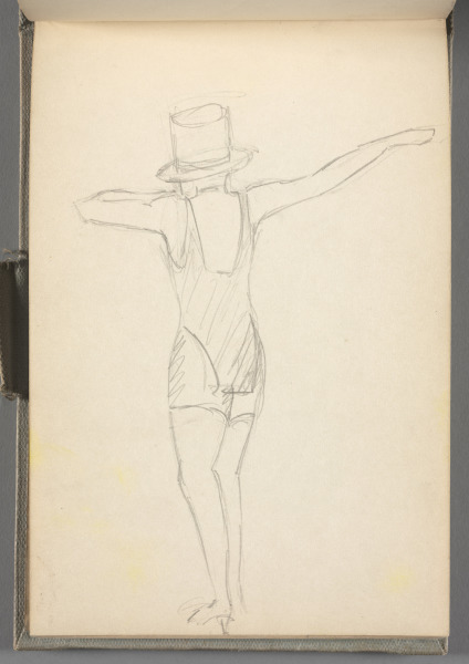Sketchbook No. 5, page 27: Pencil drawing of woman with top hat, stockings