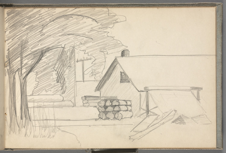 Sketchbook No. 5, page 19: Pencil sketch of building, pile of logs