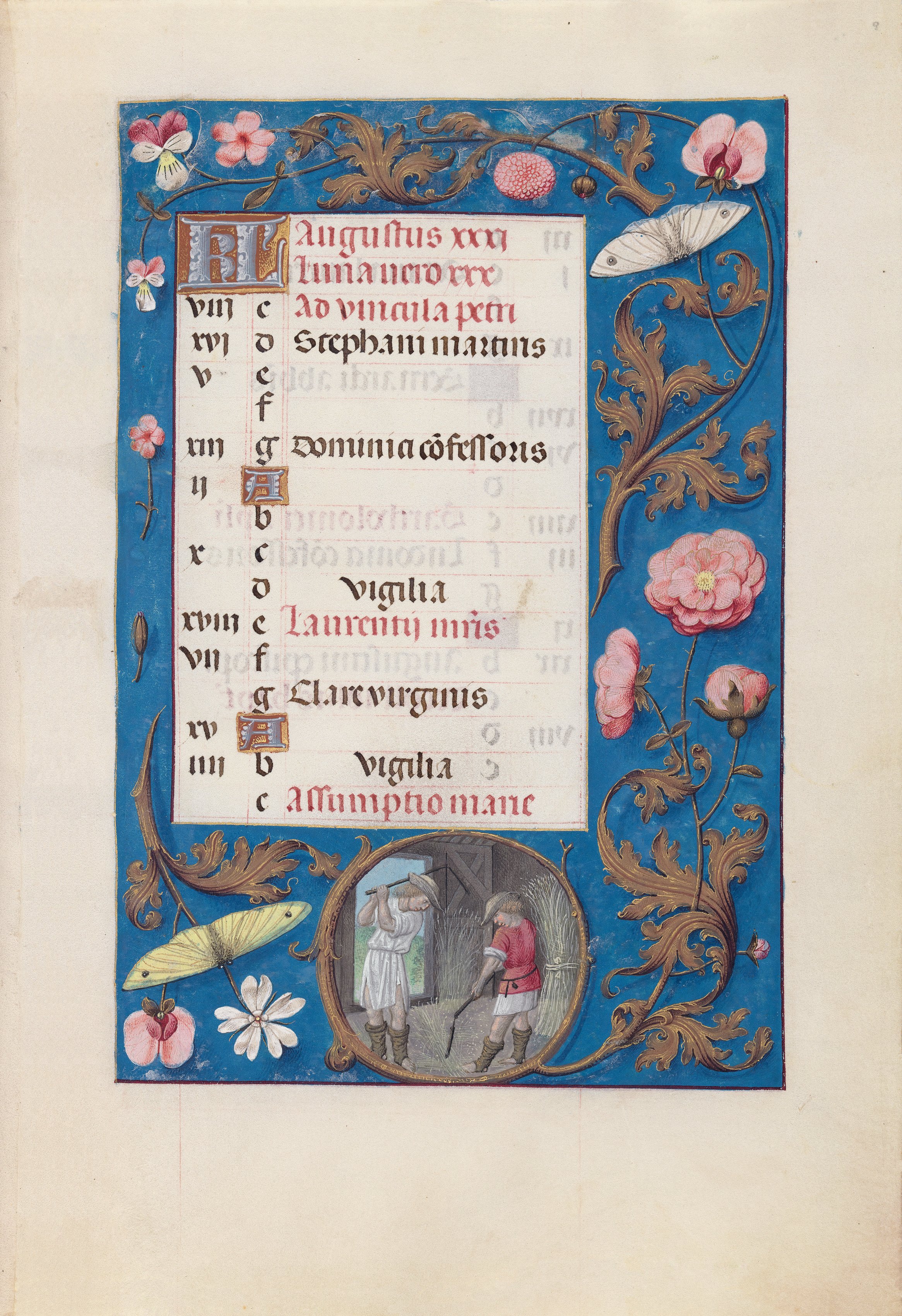 Hours of Queen Isabella the Catholic, Queen of Spain:  Fol. 9r, August - Threshing Wheat