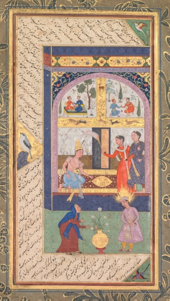 Zulaykha in her palace and as an elderly woman with Joseph (recto), from a Panj Ganj (Five Treasures) of Abd al- Rahman Jami (Persian, 1414–1492)
