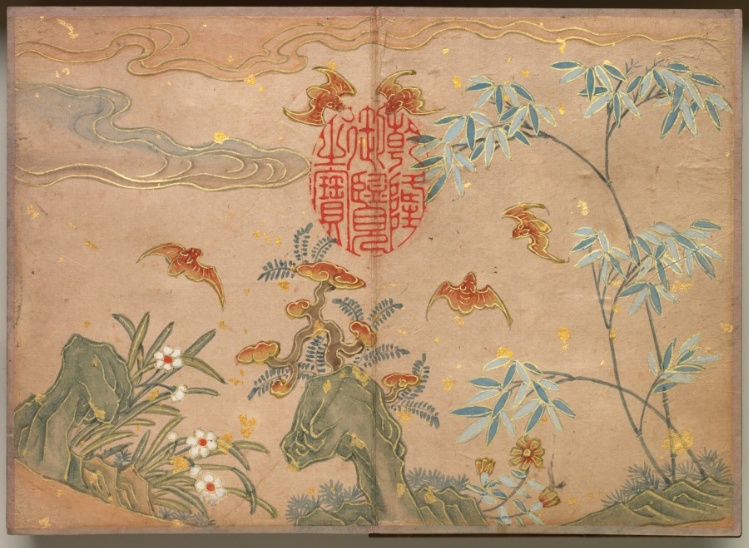 Desk Album: Flower and Bird Paintings (Bats, rocks, flowers oval calligraphy)
