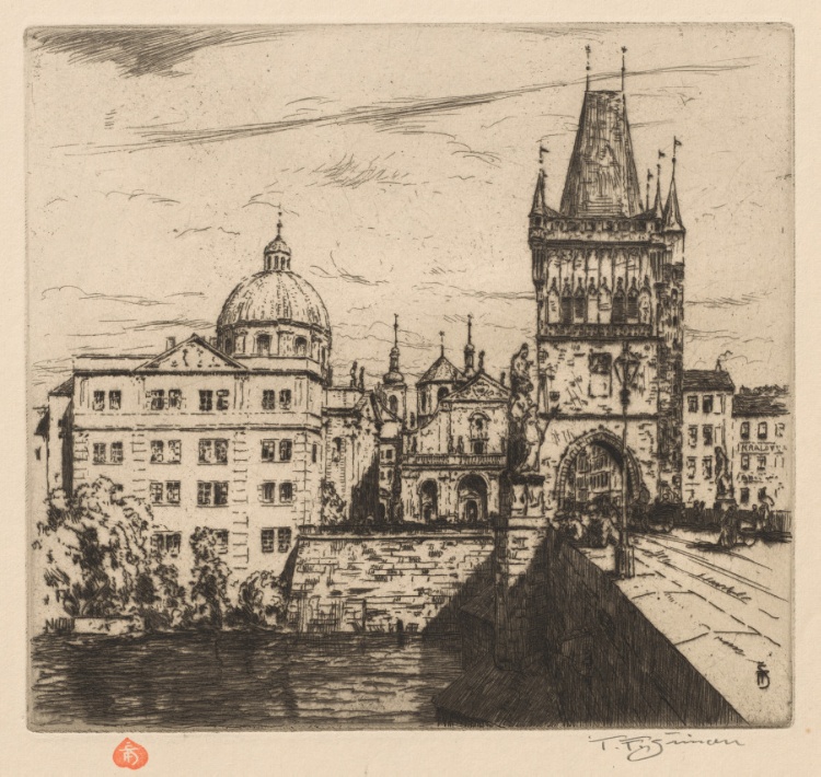 Prague: Vingt Cinq Eaux-Fortes Originales: Plate 3, Tour du Pont (rive droite) et Église des Chevaliers de la Croix