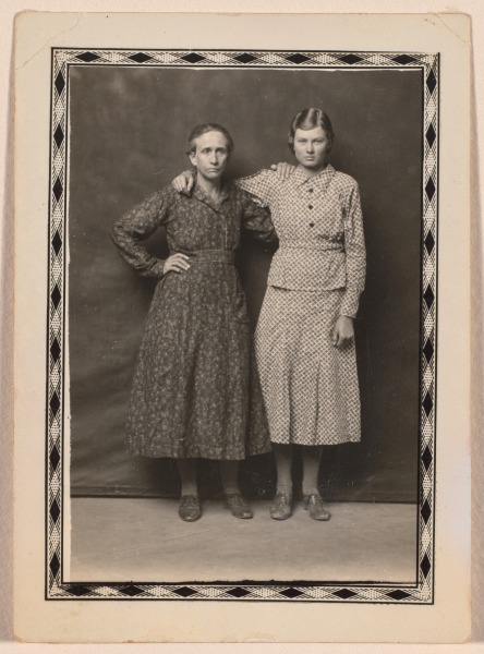 Two Standing Women with Arms Around Shoulders, Diamond Border