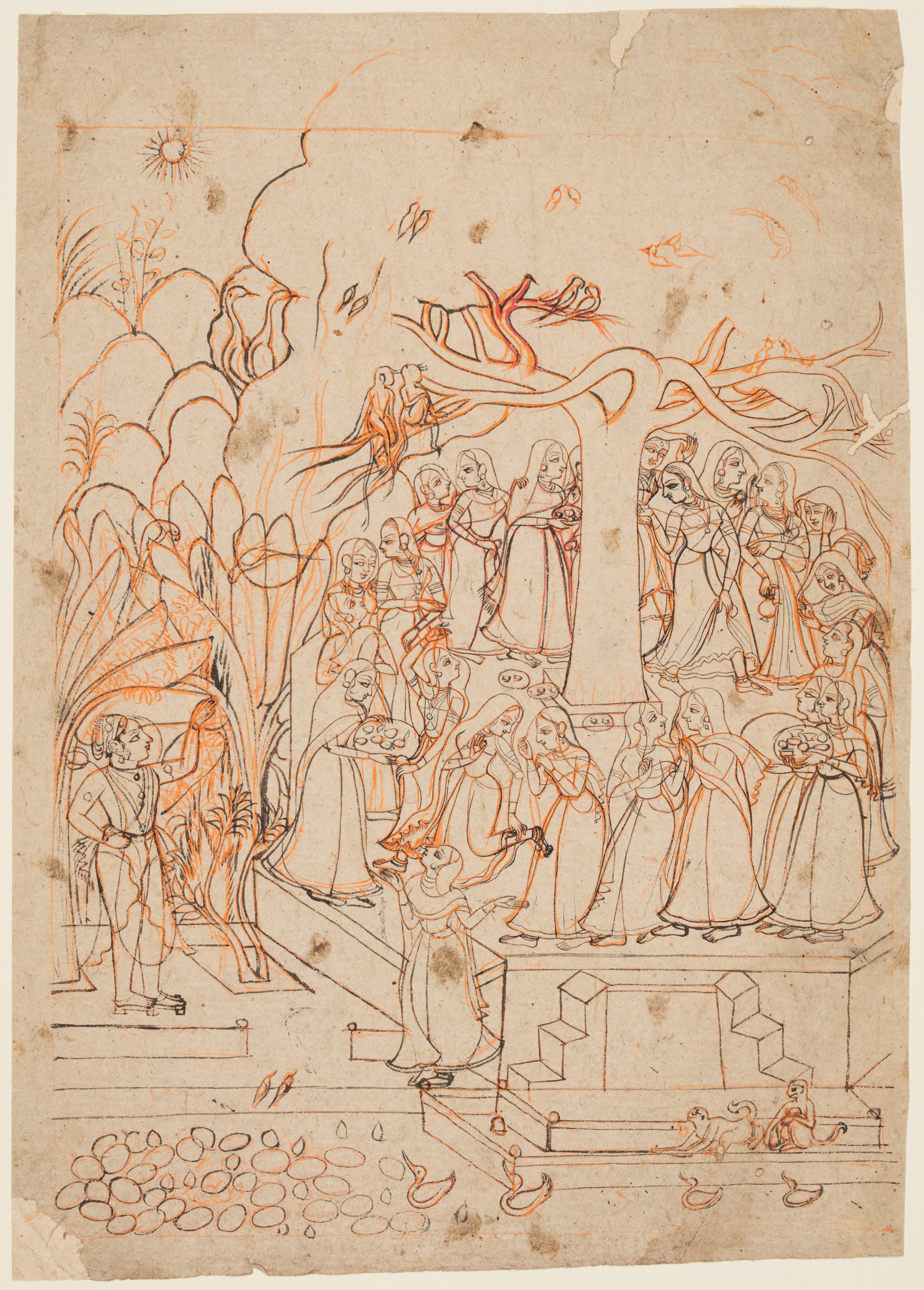 Krishna Watches the Milkmaids  Circumambulating a Sacred Tree: the Month of Jyestha (May–June), from a Baramasa (The Twelve Months)