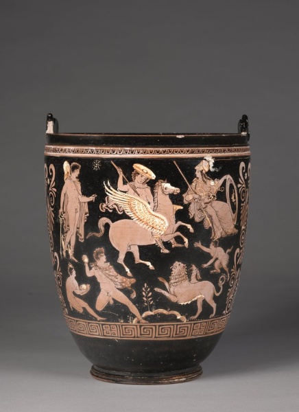 Red-Figure Situla (Deep Bucket): Bellerophon Slaying Chimaera (A); Dionysos, Maenads, Eros (B)