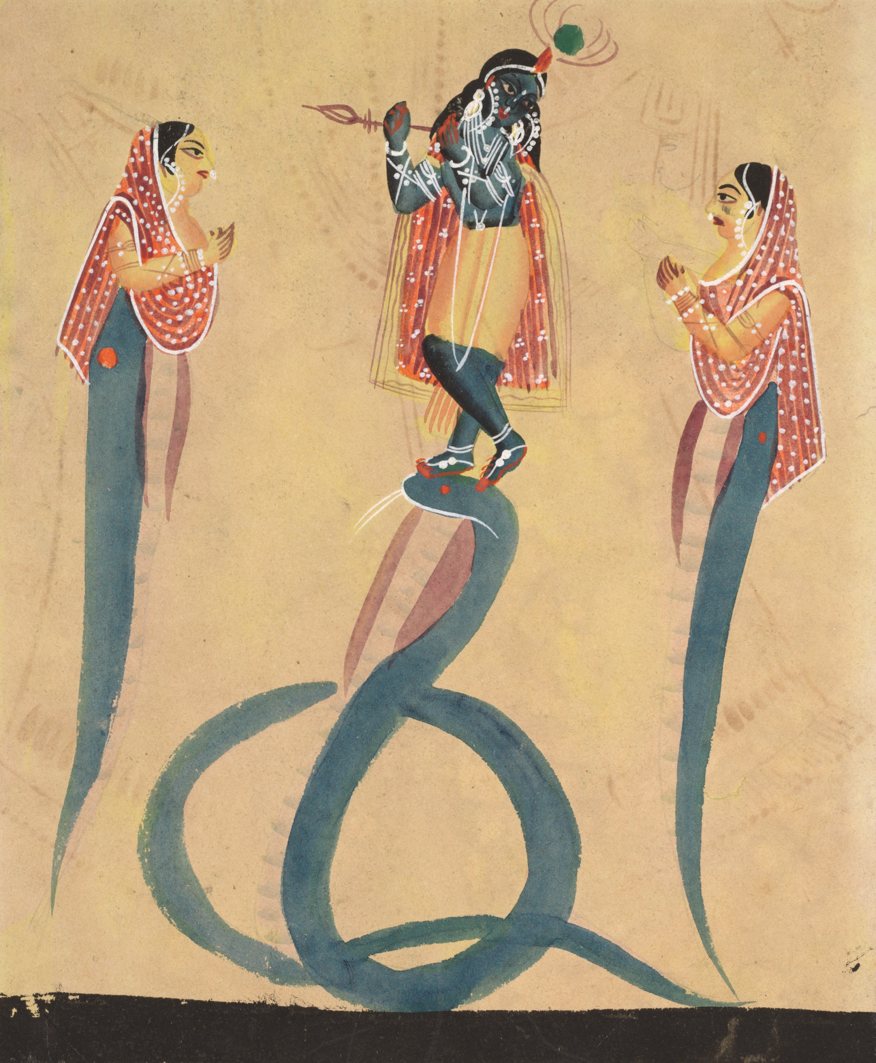 Krishna quells the serpent Kaliya (verso), from a Kalighat album