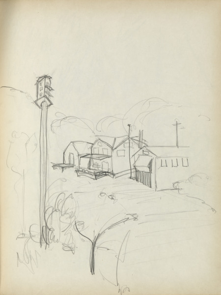 Sketchbook No. 1, page 107: Birdhouse and houses in the distance