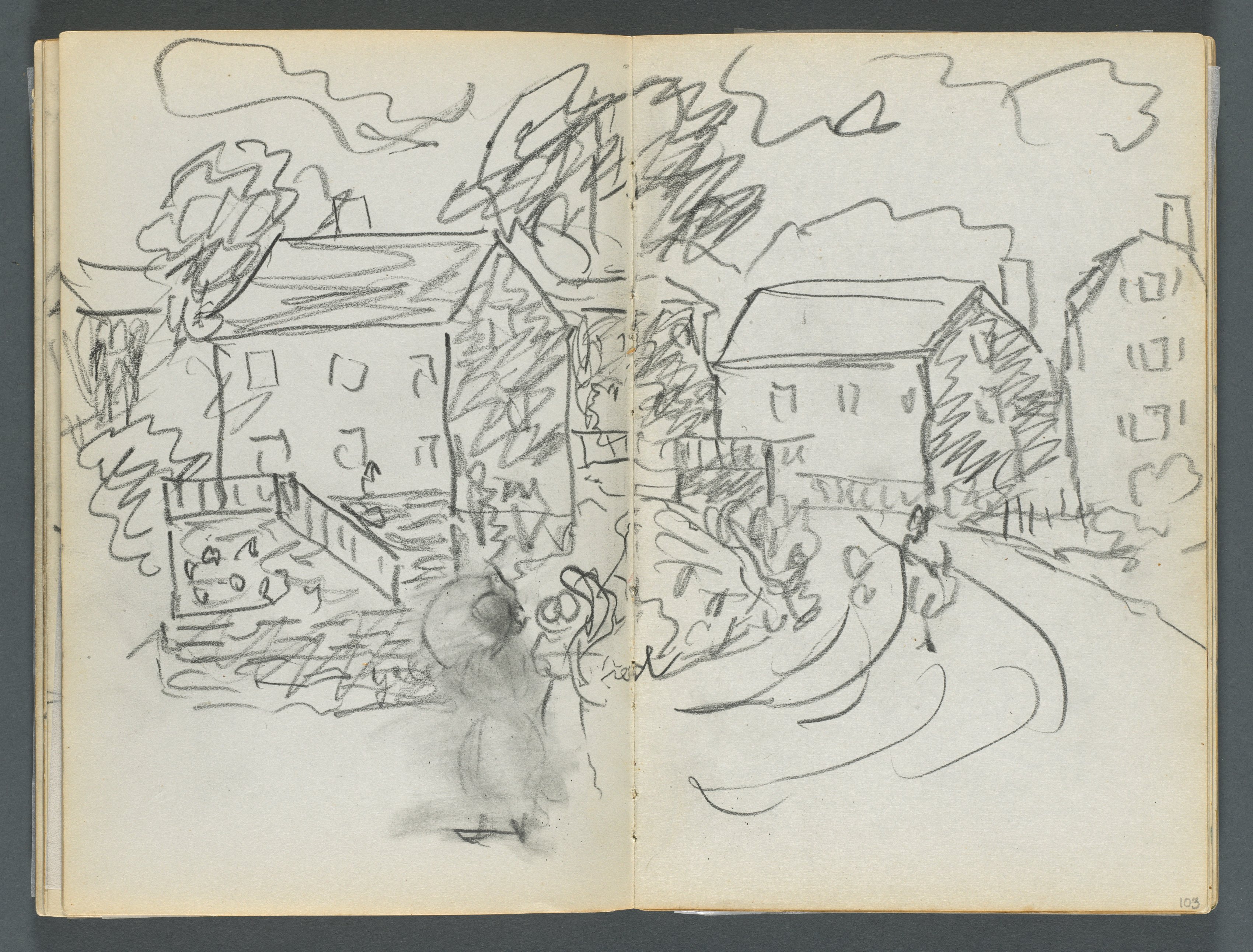 Sketchbook, The Dells, N° 127, page 102 & 103: Landscape with Houses and Road