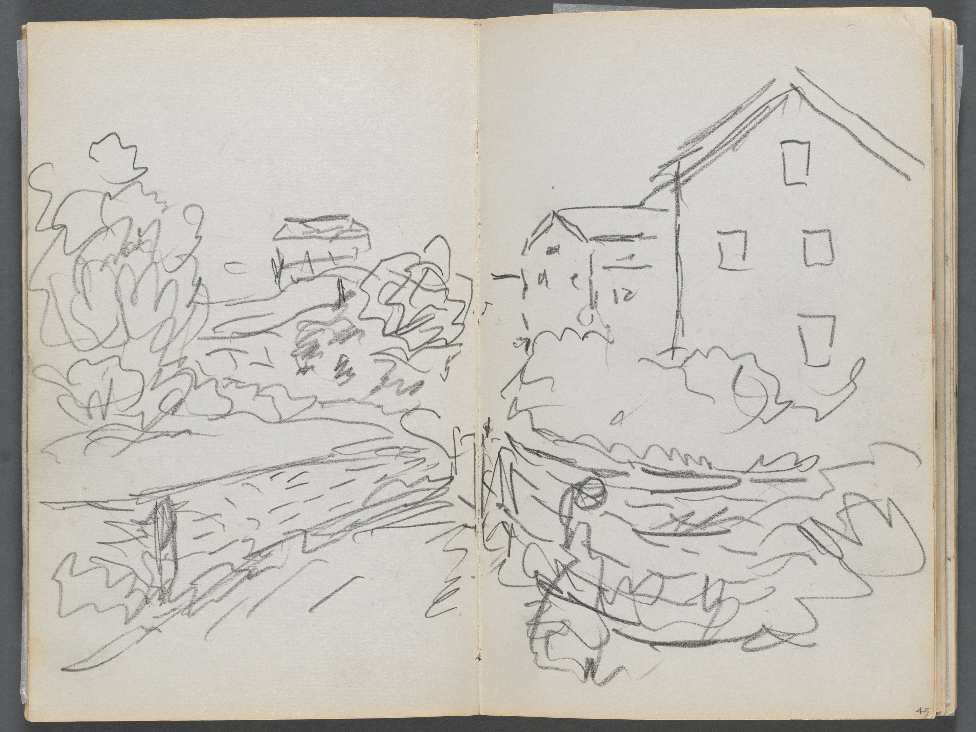 Sketchbook, The Dells, N° 127, page 044 & 45: Landscape with Houses