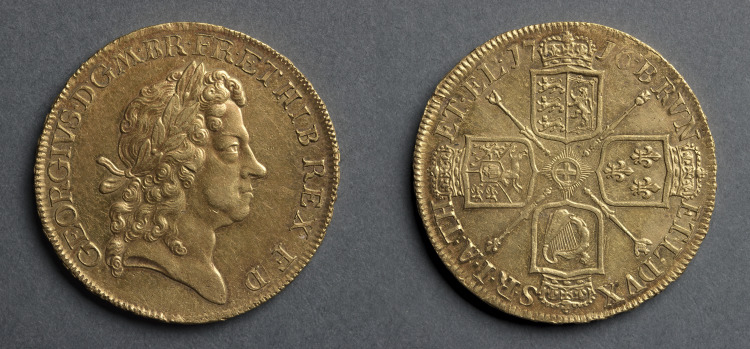Five Guineas: George I (obverse); Shields and Star of the Order of the Garter (reverse)