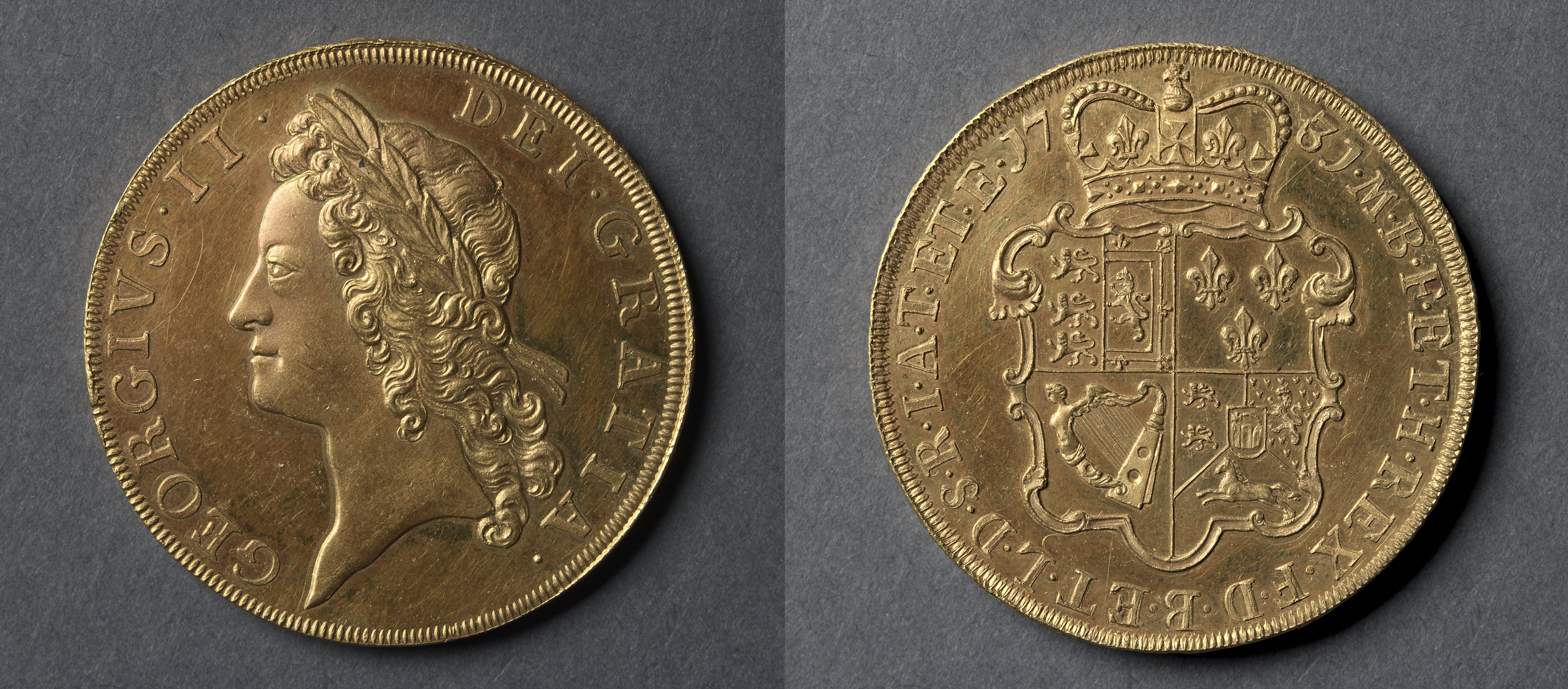 Five Guineas: George II (obverse); Shield of Arms (reverse)