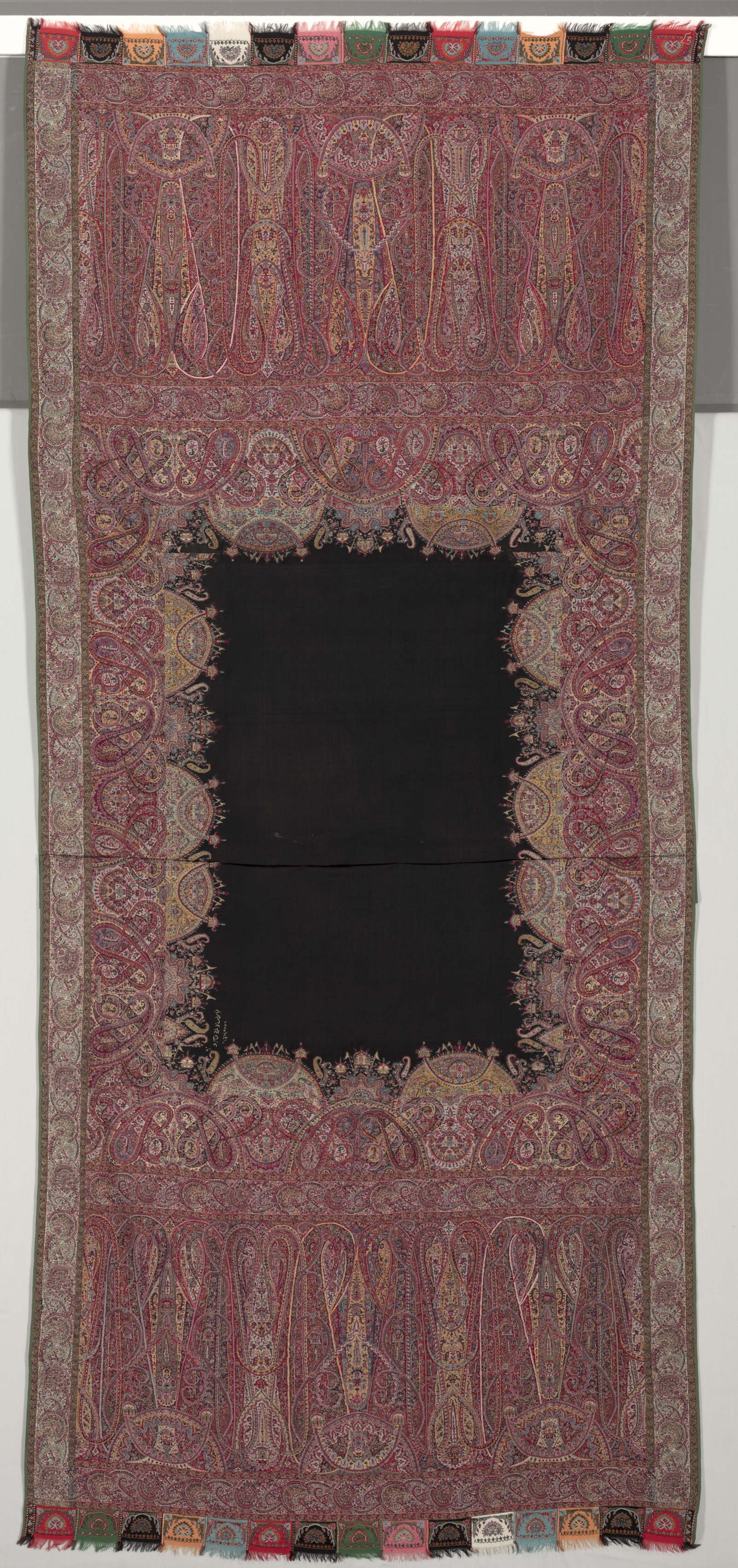Long Shawl with Black Center and Exotic Four-Sided Gallery in Chinoiserie Style