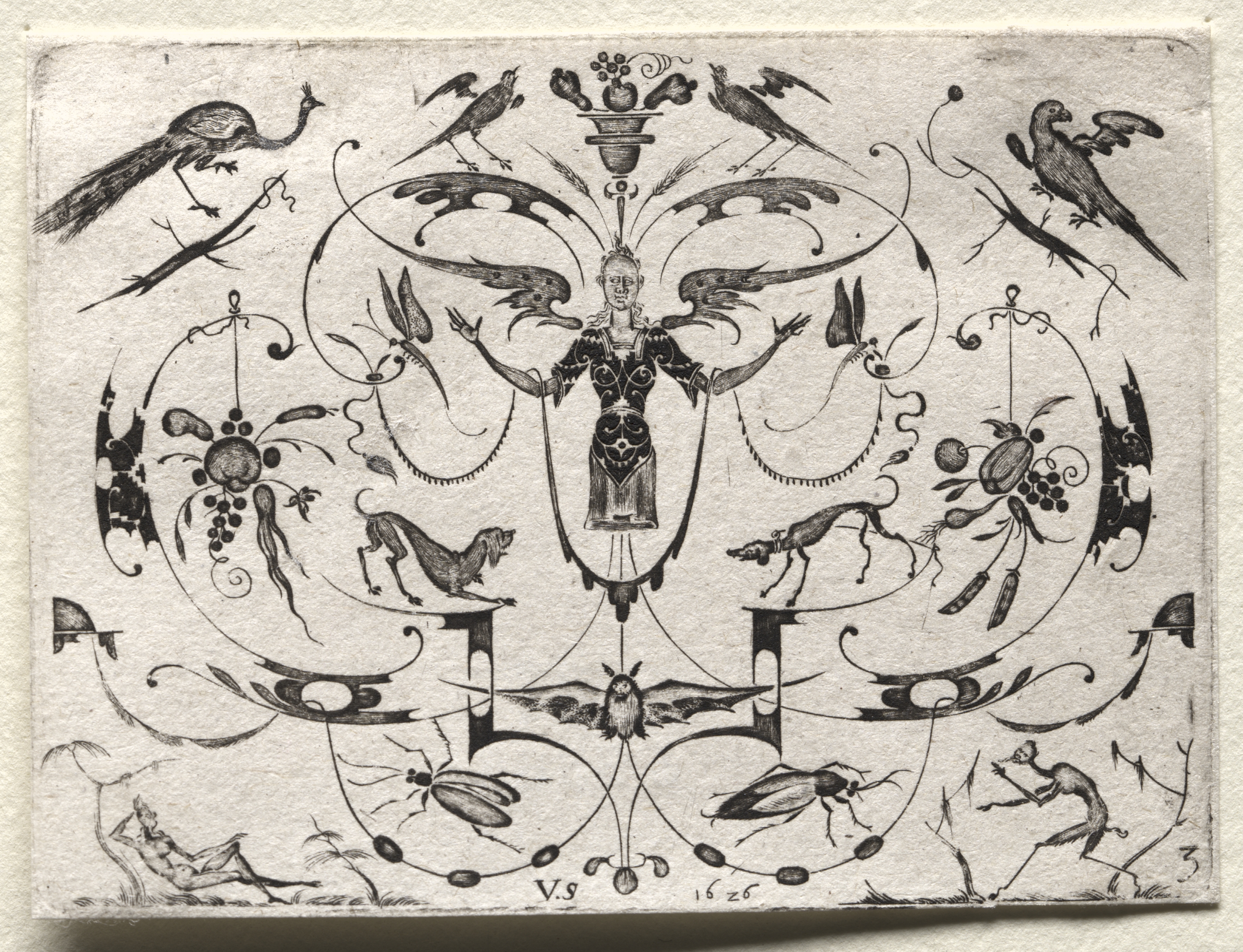 Arabesque with Peacock, Parakeet, Dogs and Insects