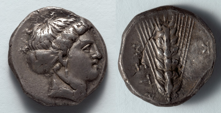 Stater: Head of Kore (obverse); Barley (reverse)