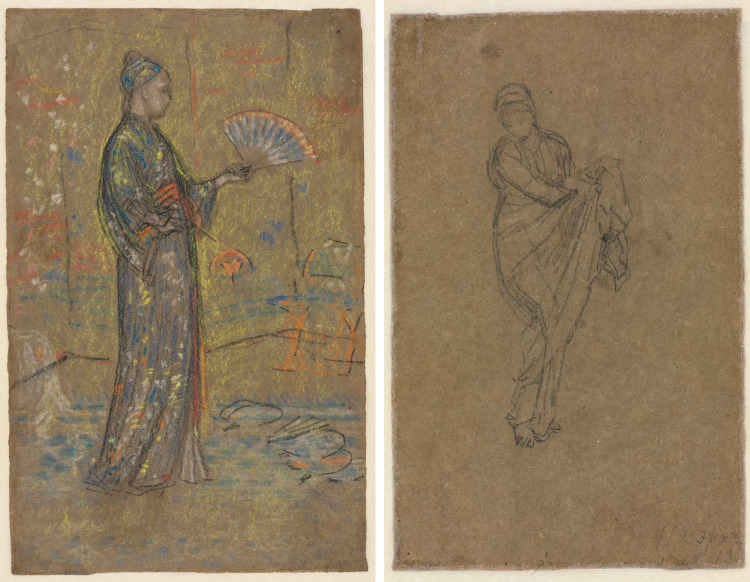 Japanese Woman Painting a Fan (recto); Standing Woman Holding Up Her Dress (verso)