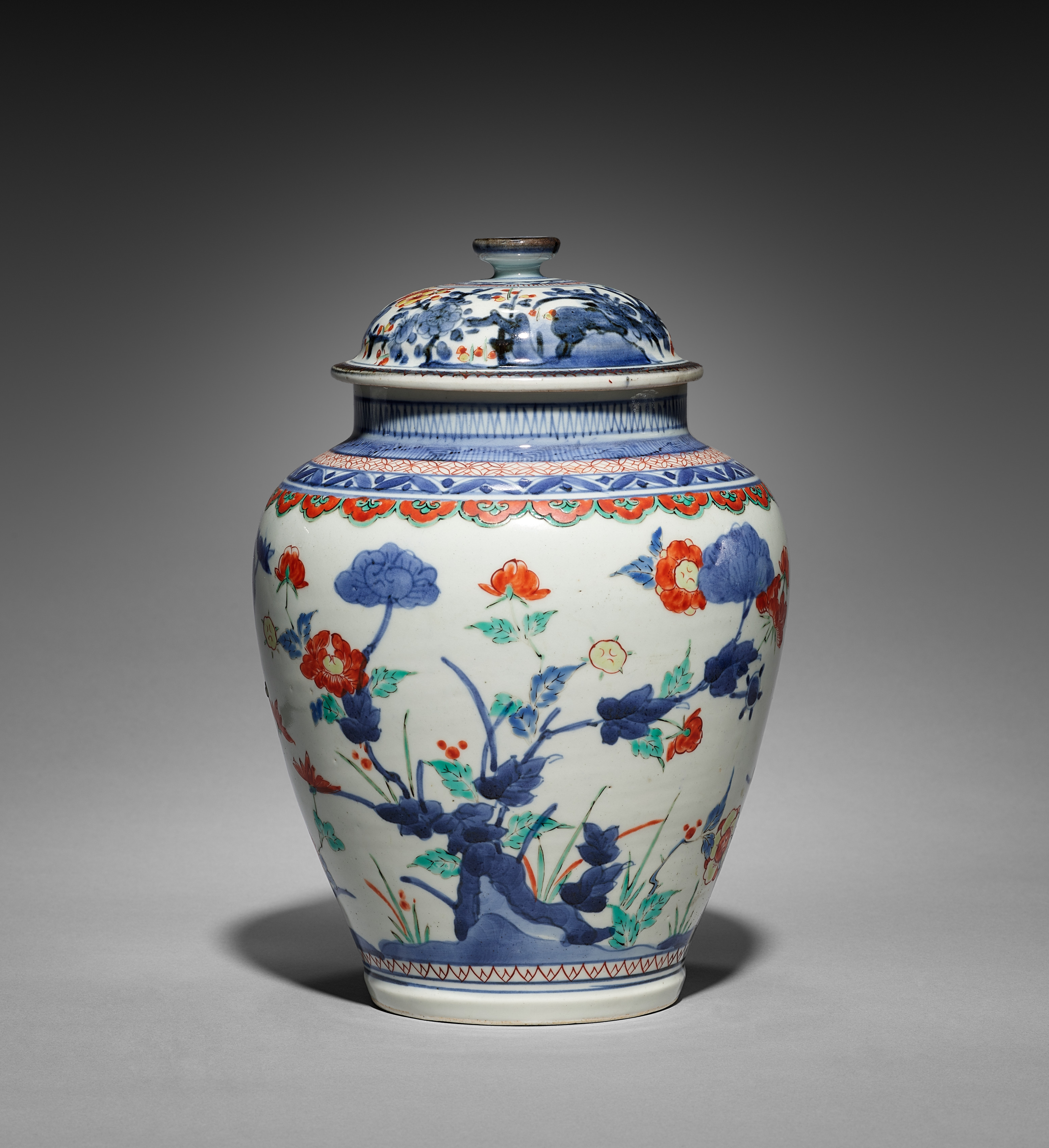 Covered Jar with Chrysanthemums, Peonies, and Plum