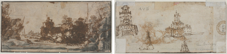 Rocky Inlet with Boats and Buildings (recto); Sketches of Castles (verso)