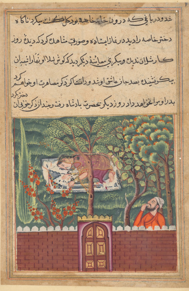 Khulasa, a vizier, sees the daughter of Khassa, another vizier, and covets her, from a Tuti-nama (Tales of a Parrot): Fifty-first Night