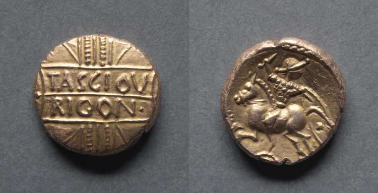 Tasciovanus Stater: Wreath (obverse); Horse and Armed Rider (reverse)