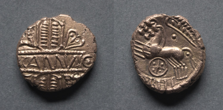 Cunobeline Stater: Tablet on Wreath (reverse); Two Horses and Wheel (reverse)