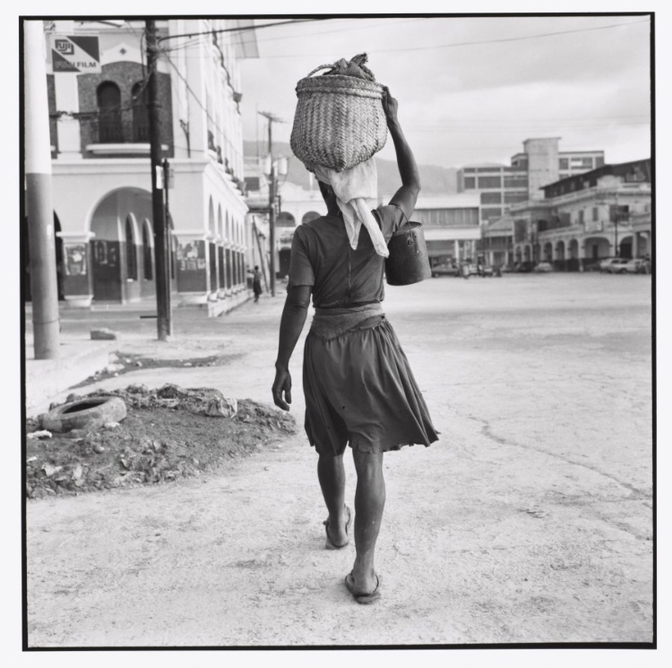 Woman Carrying Basket on Head, Bucket on Arm. Haiti