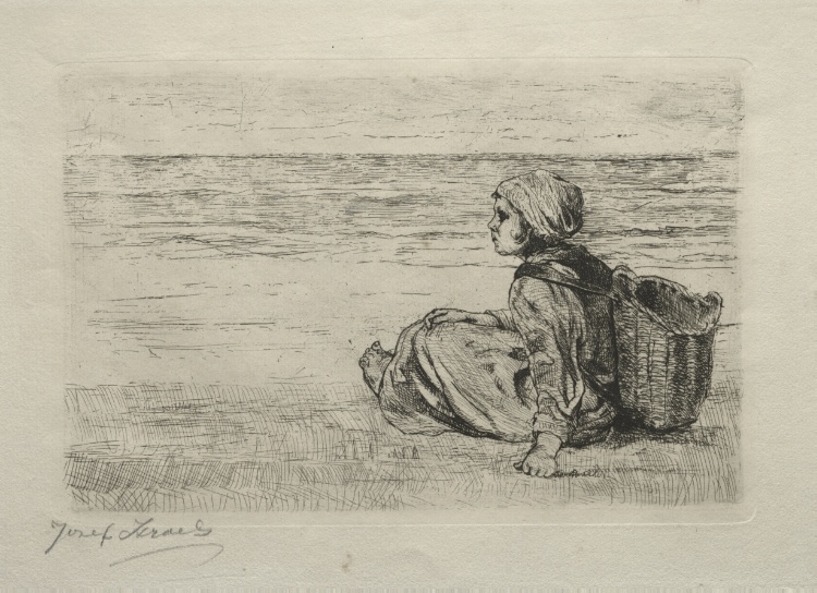 Girl with basket seated on the shore