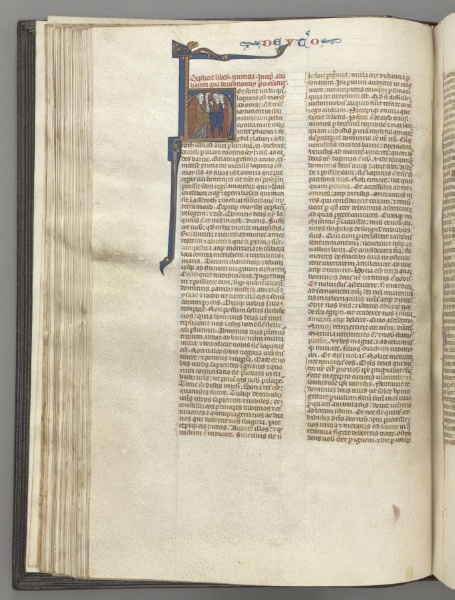 Fol. 62v, Deuteronomy, historiated initial H, Moses with horns and scroll preaching to two men