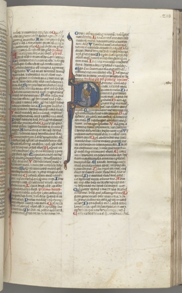 Fol. 218r, Psalm 26, historiated initial D, David kneeling pointing to his eyes, the bust of God above