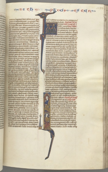 Fol. 199r, Esther, historiated initial, two seated male figures