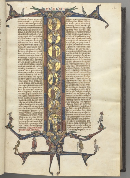 Fol. 1r, Genesis, with a full-length historiated initial I, showing the Creation and the Crucifixion, all on burnished gold grounds, with diapered pink and blue frames and cusped dragon and foliage extensions at top and bottom, on which are perched a vari