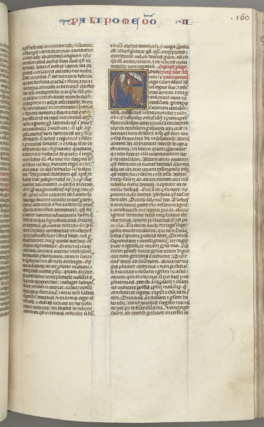Fol. 160r, Chronicles II, historiated initial C, Solomon kneeling before an altar praying, a bust of God above