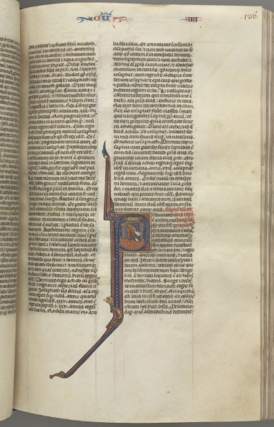 Fol. 136r, Kings IV, historiated initial P, Ahaziah falling from a tower