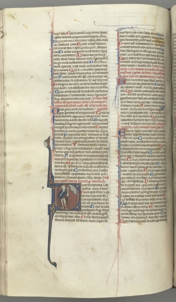 Fol. 222v, Psalm 52, historiated initial D, a fool naked but for a cloak, holding a bladder, bust of God above