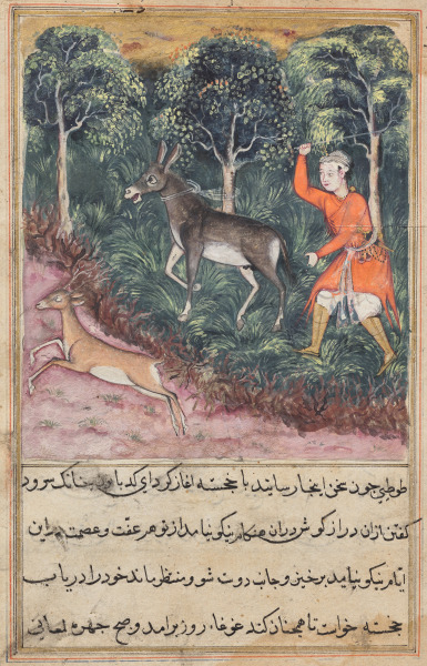 The gardener seizes and beats a donkey who insisted on braying, while the deer, its companion flees to safety, from a Tuti-nama (Tales of a Parrot): Forty-first Night