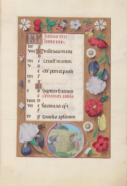 Hours of Queen Isabella the Catholic, Queen of Spain:  Fol. 8r, July - Harvesting Wheat