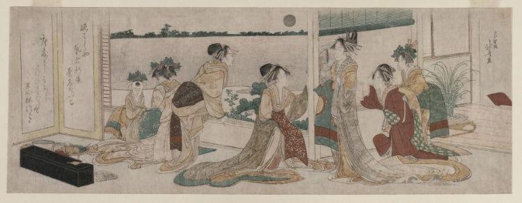 Tsukasa and Other Courtesans of the Ogiya Watching the Autumn Moon Rise Over Rice Fields from a Balcony in the Yoshiwara