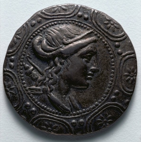 Tetradrachm: Macedonian Shield with Head of Artemis (obverse)