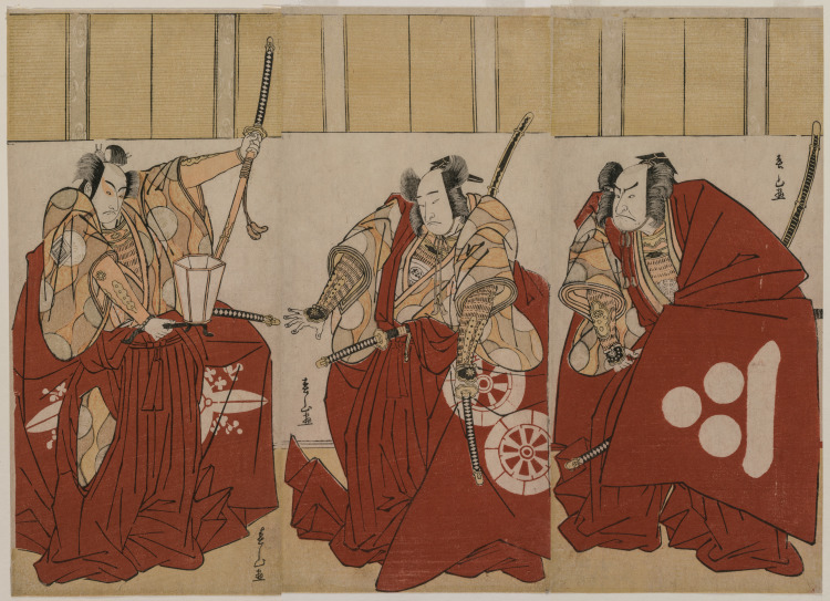 Ichikawa Monnosuke II as Urabe Suetake, Onoe Matsusuke I as Usui Sadamitsu, and Nakamura Nakazo I as Watanabe no Tsuna in “The Four Heavenly Kings Costumed as the Night Watch”
