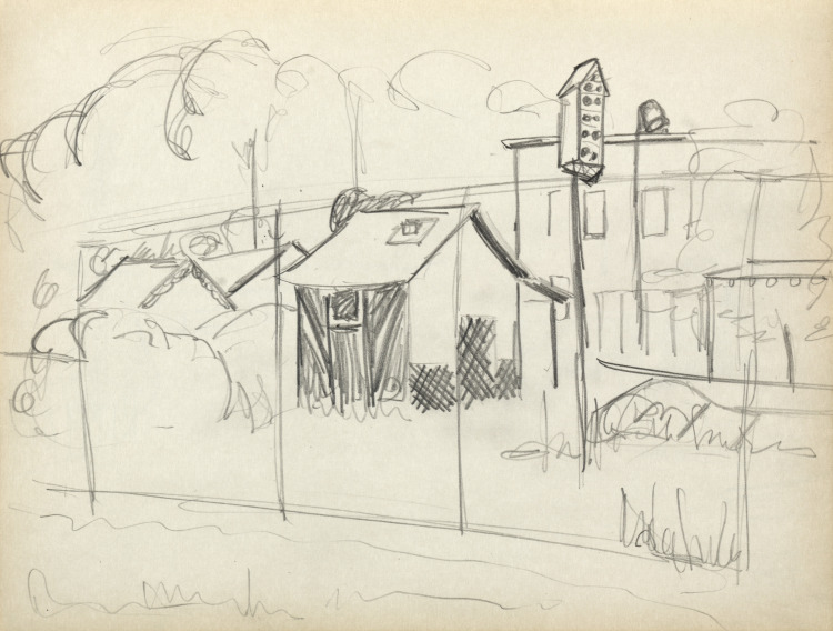 Sketchbook #1: Houses, telephone poles, birdhouse (page 17)