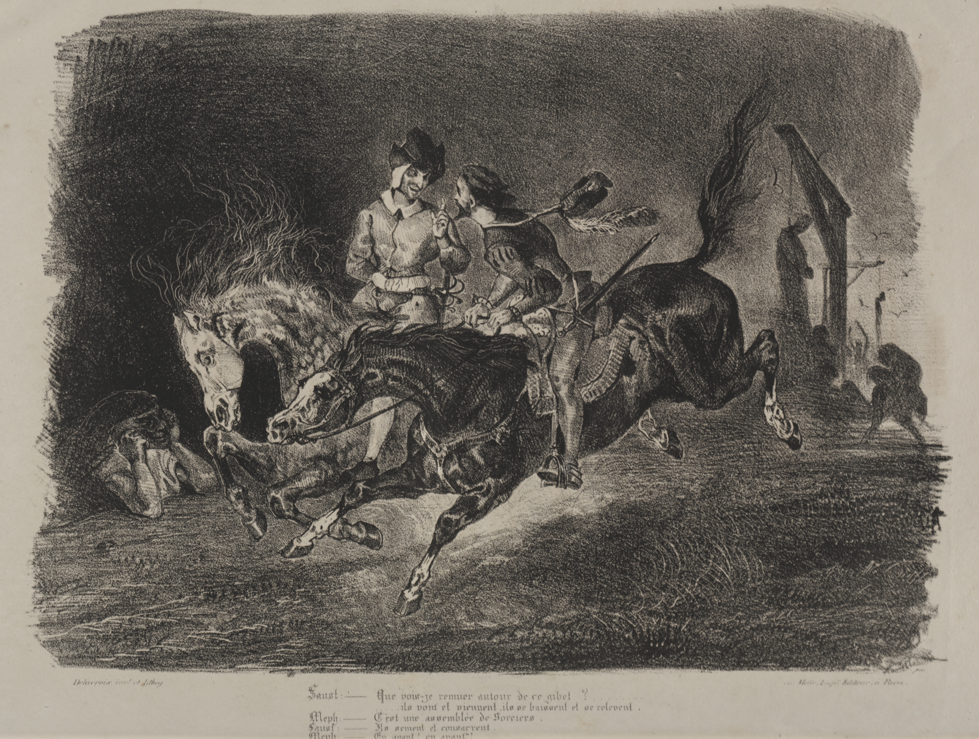 Illustrations for Faust: Faust and Méphistophélés horse riding on the Sabbath