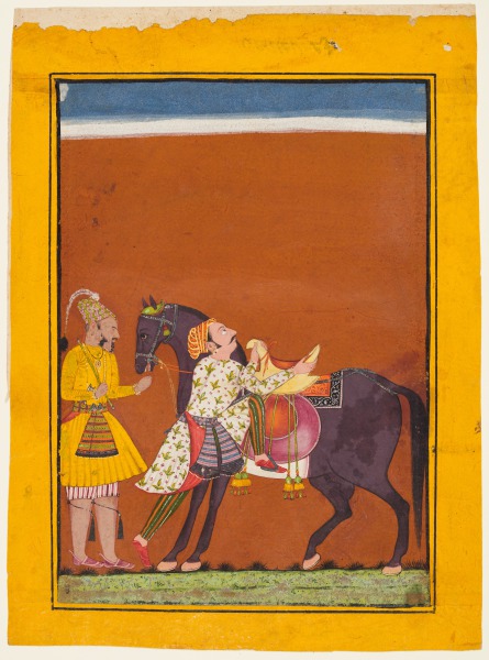 A Warrior Mounting a Held Horse: Saindhava Ragaputra of Shri, from a Chamba Ragamala