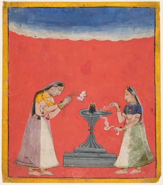 Women Worshipping a Shiva Linga: Devagandhari Ragini of Hindol, from a Chamba Ragamala