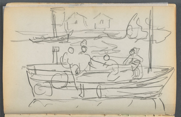 Sketchbook- The Granite Shore Hotel, Rockport, page 032: Figures on a Boat 