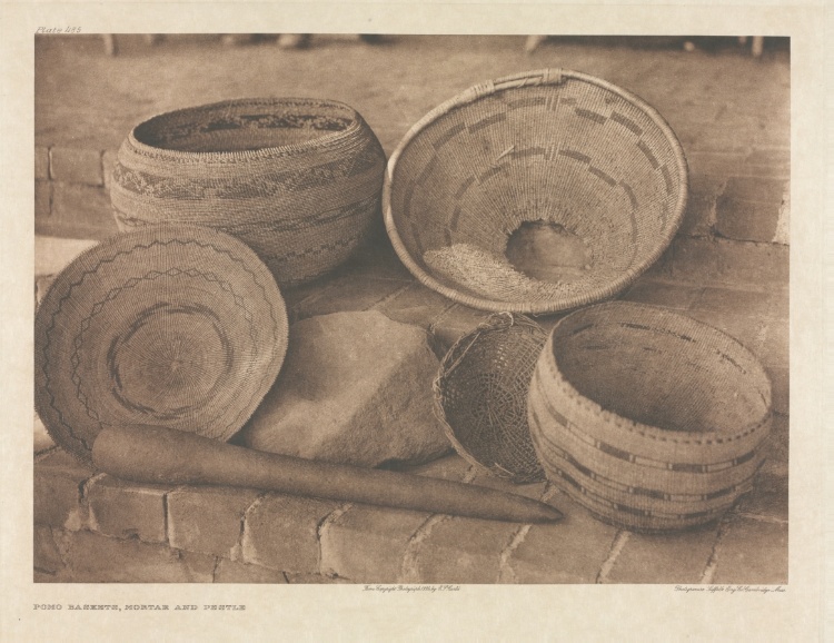 Portfolio XIV, Plate 485: Pomo Baskets, Mortar, and Pestle