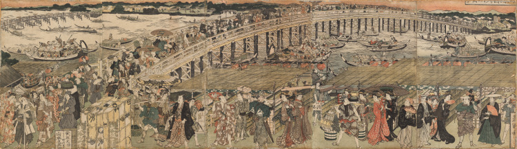 Cooling Off at Ryōgoku Bridge in Edo, a Pentaptych  (Edo Ryôgoku suzumi no zu, gomai tsuzuki)
