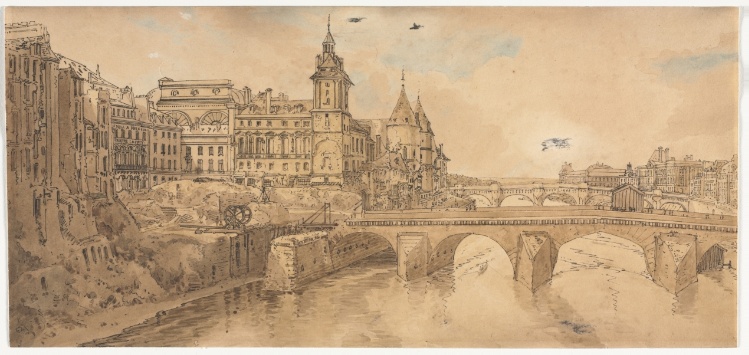 A Selection of Twenty of the Most Picturesque Views in Paris:  View of Pont au Change, the City Theatre, Pont Neuf, Conciergerie Prison, and taken from Pont Notre Dame