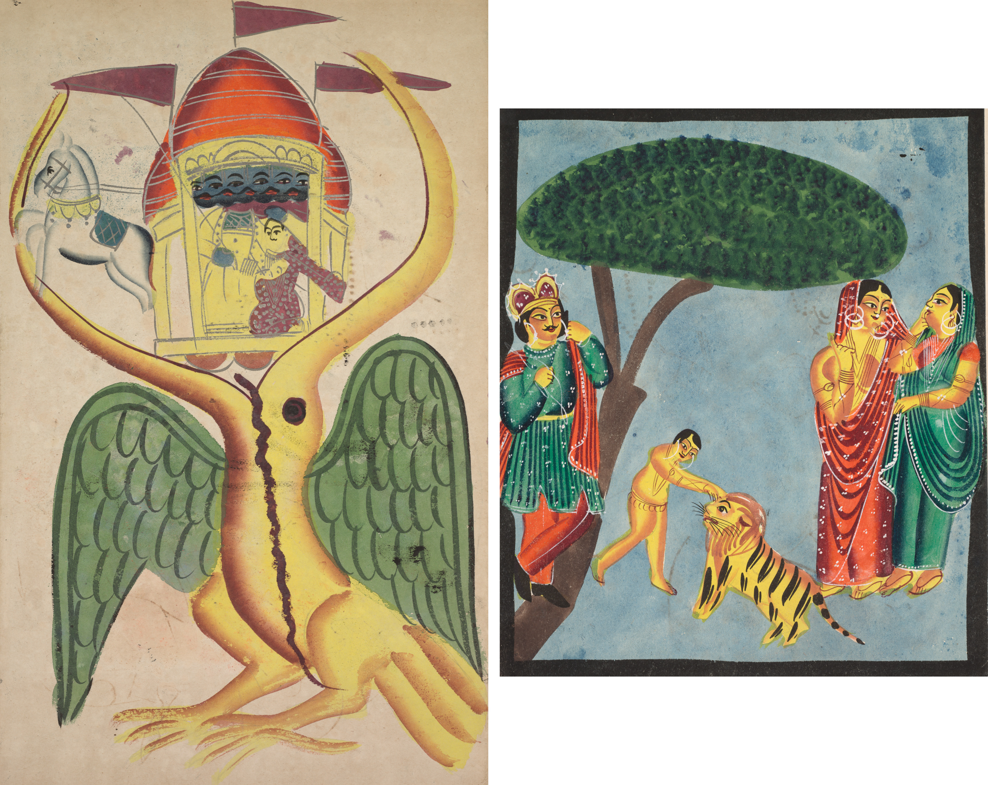 Leaf from a Kalighat album: Jatayu hinders Ravana’s chariot, trying to prevent the abduction of Sita (recto); Dushyanta watching his son Bharat playing with the tiger at the end of the Abhijnanashakuntalam (verso)